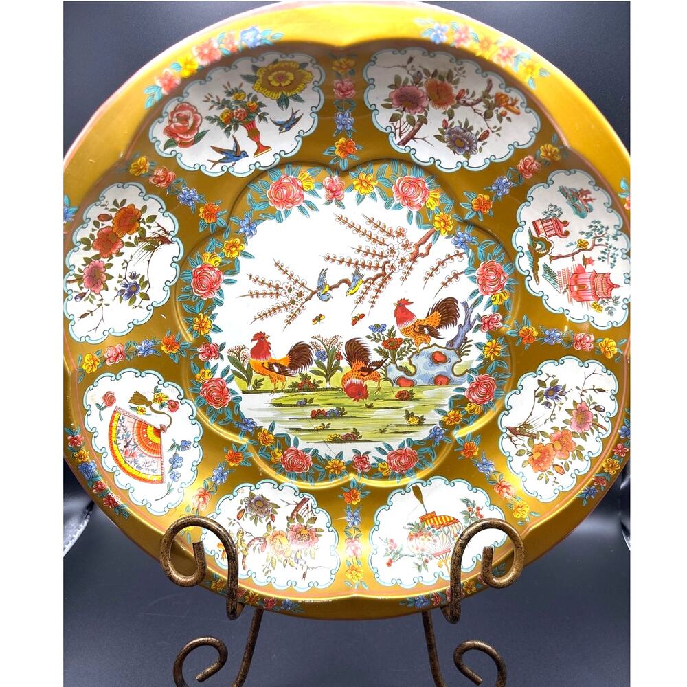 Vintage Daher Rooster Tin Tray Asian Floral Decorated Bowl 1970s Decor